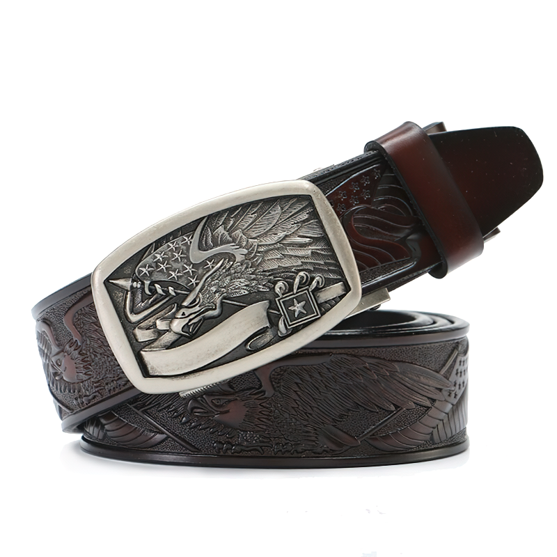 Vintage cowboy genuine leather belt with eagle buckle, perfect for a rugged rock style look.