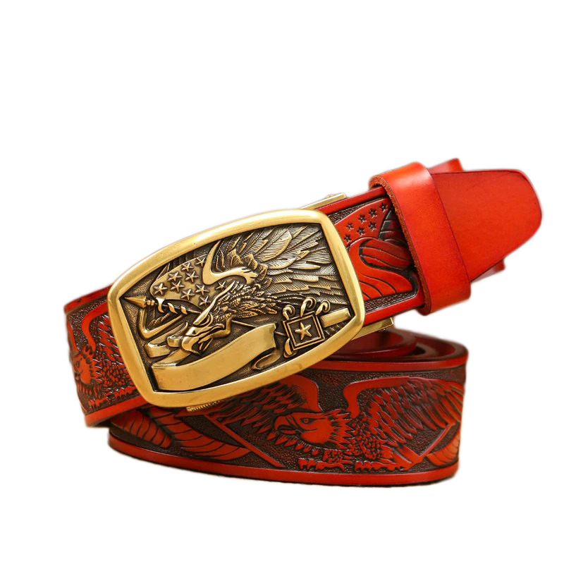 Vintage cowboy belt made of genuine leather with an eagle buckle, showcasing retro style and eye-catching design.