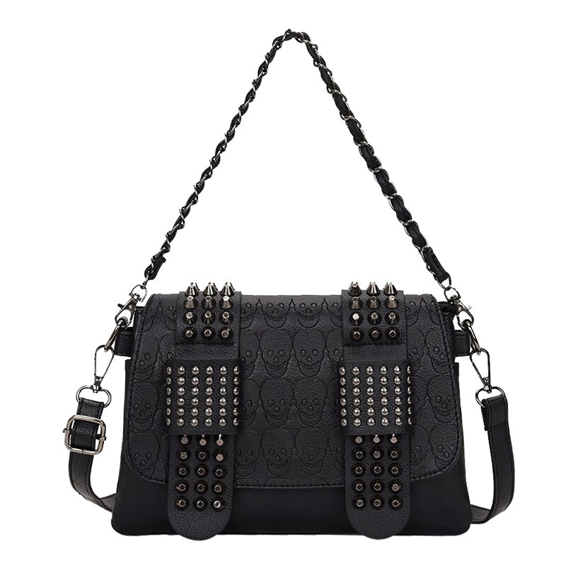 Vintage black crossbody bag with rivets, stylish PU leather accessory for women, perfect for adding edge to any outfit.