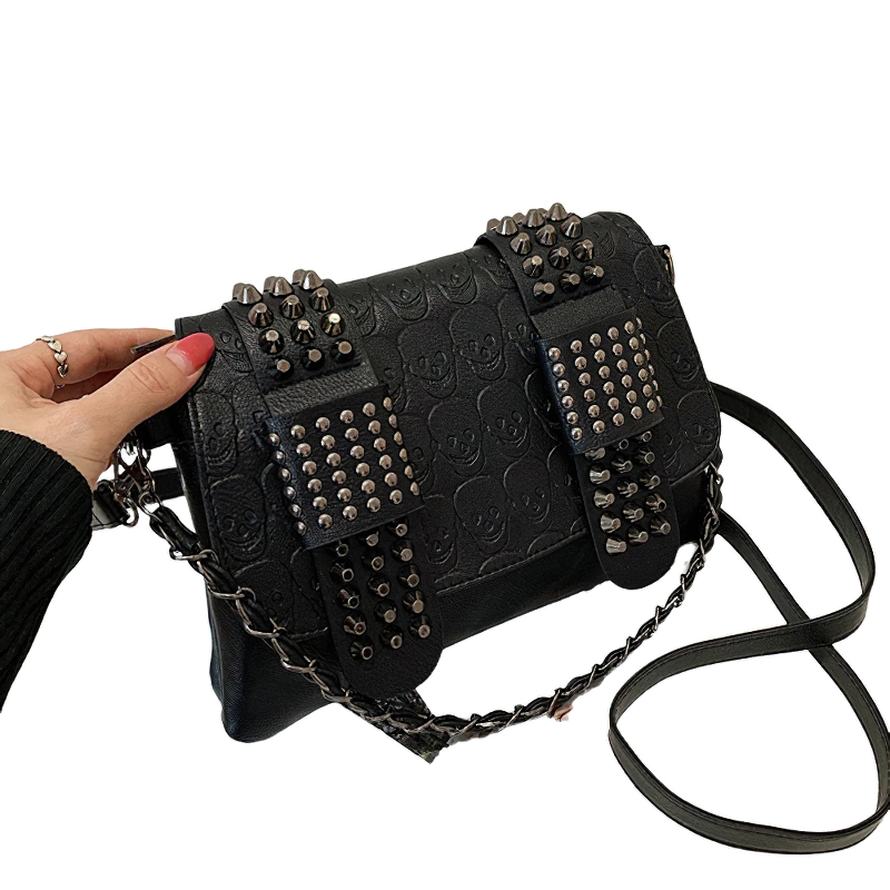 Vintage black crossbody bag with rivets, stylish PU leather accessory for women, perfect for any outfit.