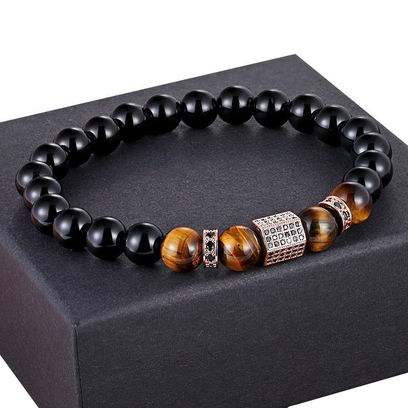 Vintage cubic zircon bracelet for men with matte onyx and tiger eye beads, stylish jewelry in a gift box.