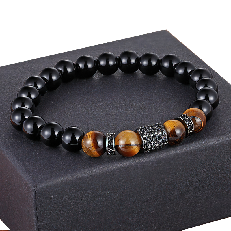 Vintage cubic zircon bracelet for men featuring matte onyx and tiger eye stones, stylish and eye-catching accessory.