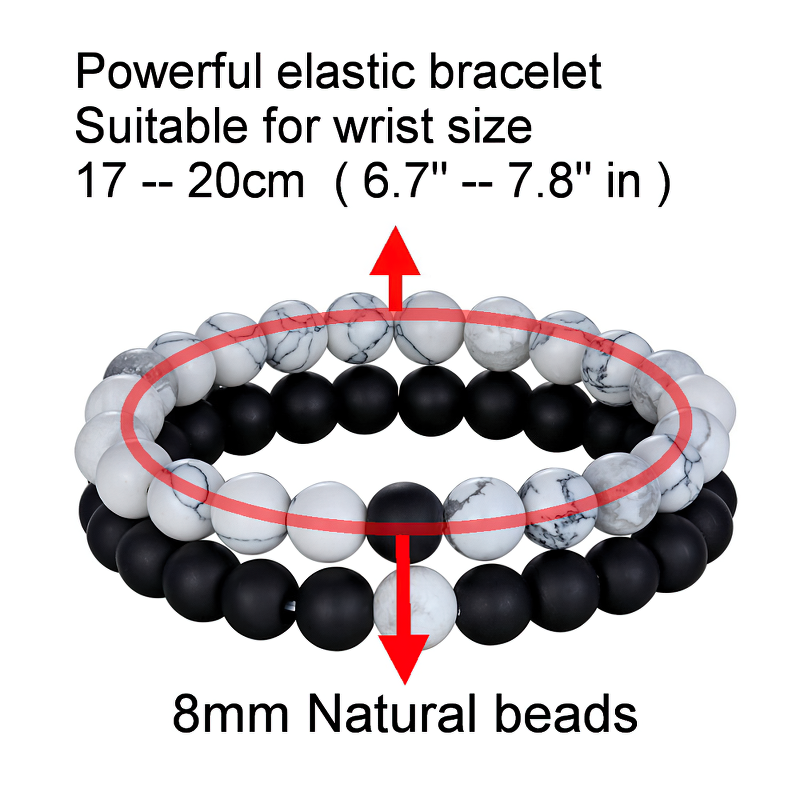 Powerful elastic bracelet with 8mm natural beads, suitable for wrist sizes 6.7 to 7.8 inches.