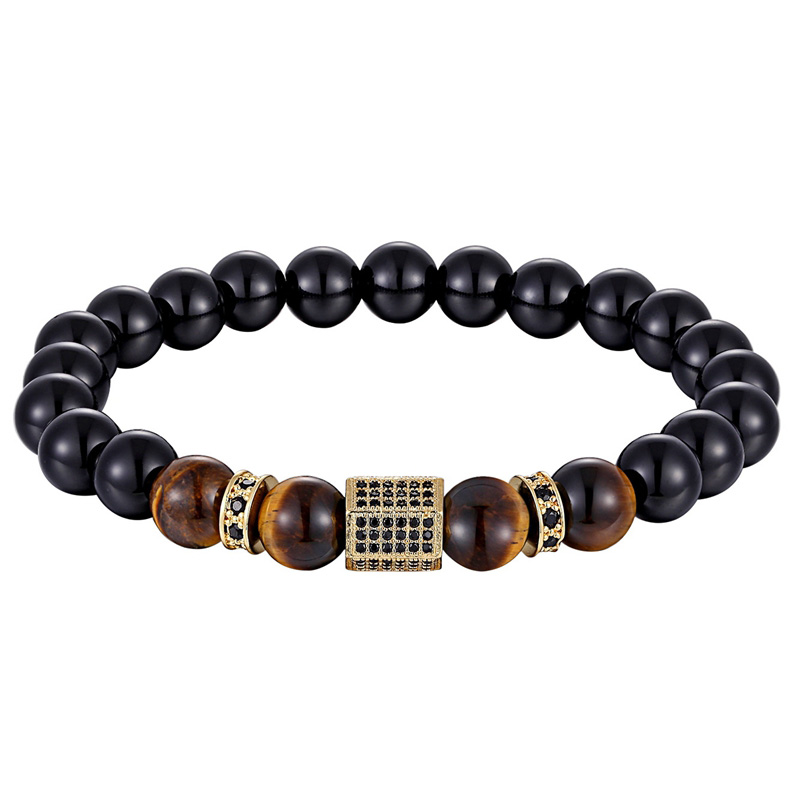 Vintage cubic zircon bracelet for men featuring matte onyx and tiger eye beads, perfect for adding style to any outfit.