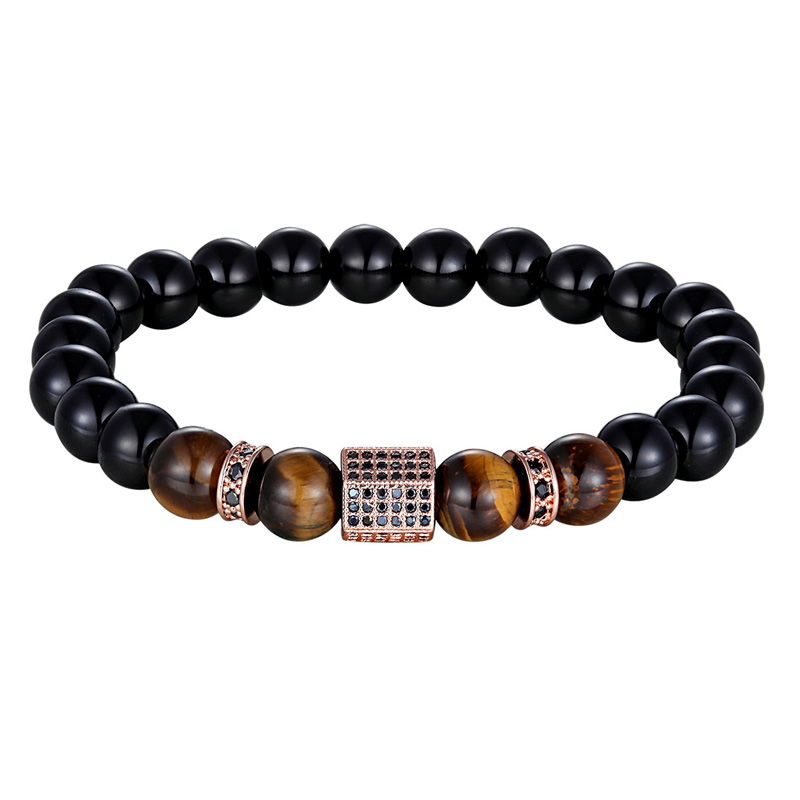 Vintage cubic zircon bracelet for men, featuring matte onyx and tiger eye beads for a stylish look.