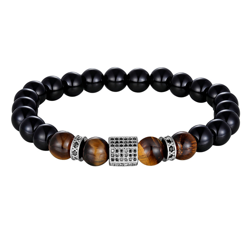 Vintage cubic zircon bracelet for men with matte onyx and tiger eye beads for stylish outfits.