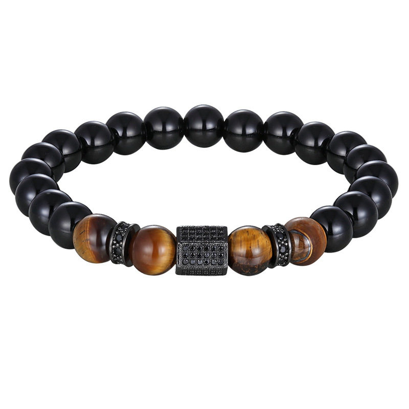 Vintage cubic zircon bracelet for men with matte onyx and tiger eye stones for stylish outfits.