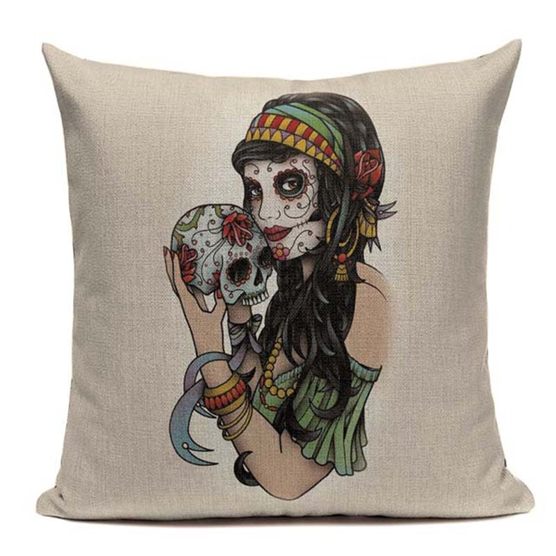Vintage skull print cushion cover featuring a woman holding a skull, ideal for alternative home decor.