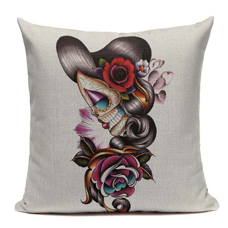 Vintage cushion cover featuring a colorful skull with floral elements for alternative home decor.