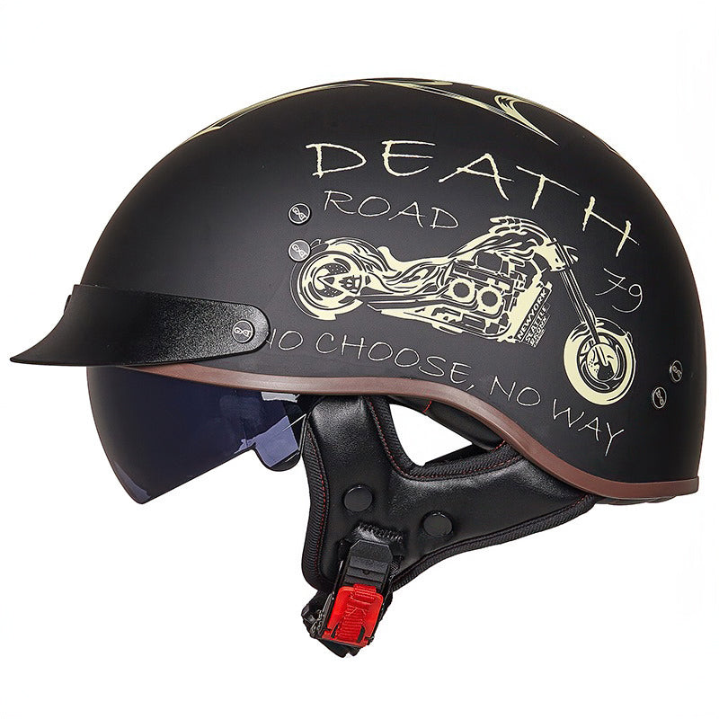 Vintage half face biker helmet with Death Road design for motorcycle safety, suitable for men and women.