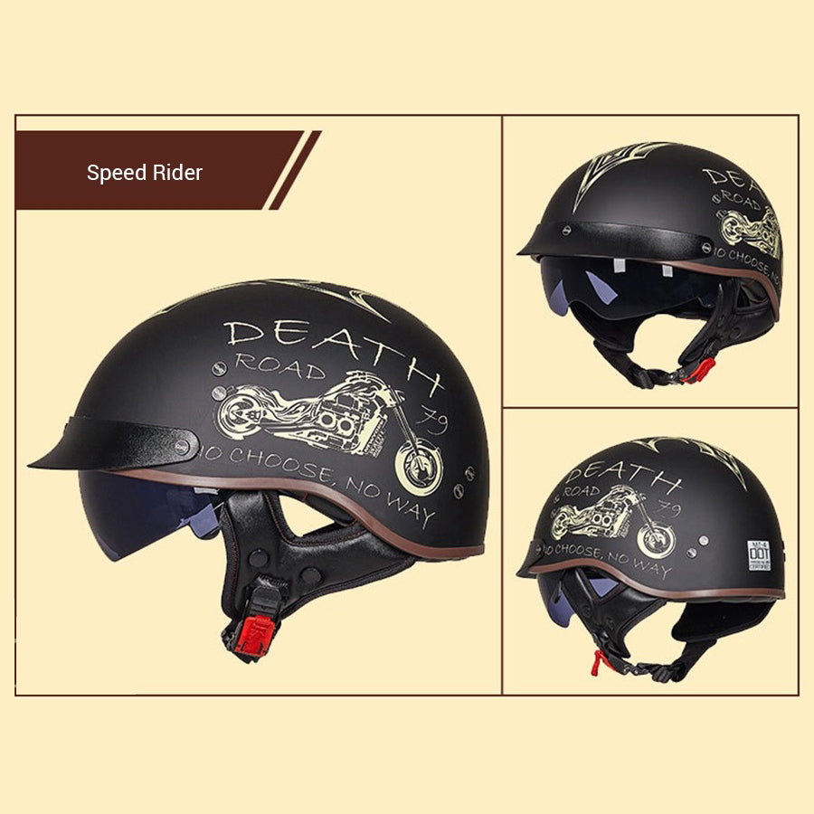 Vintage Death Road half face biker helmet with motorcycle print, DOT certified for safety and style for riders.