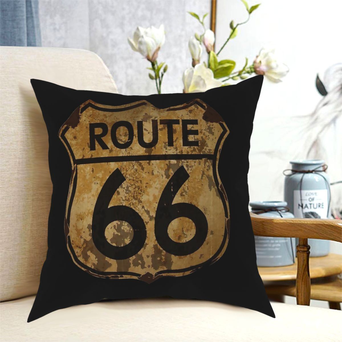 Vintage Route 66 decorative pillow featuring a weathered sign design, perfect for adding charm to your home decor.