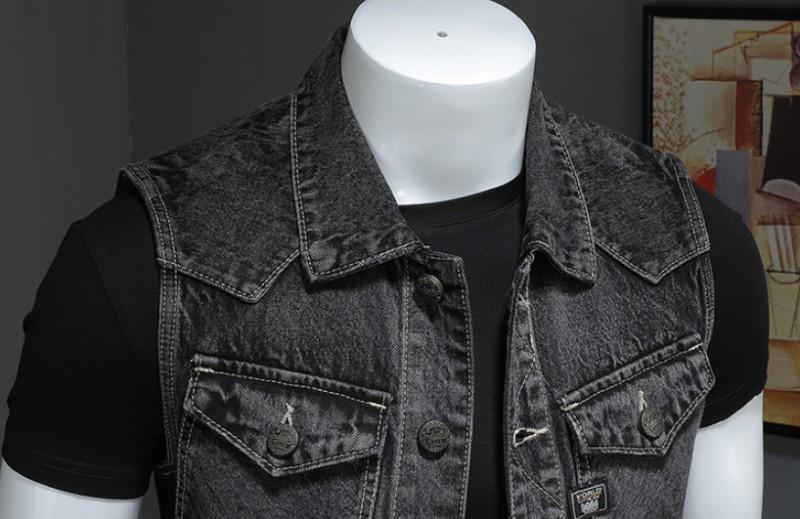 Vintage denim vest for men, sleeveless biker jacket with pockets and stylish collar, perfect for rock outfits.