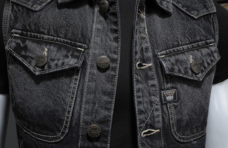 Men's vintage sleeveless denim biker vest with front pockets and stand-up collar, perfect for rock style outfits.
