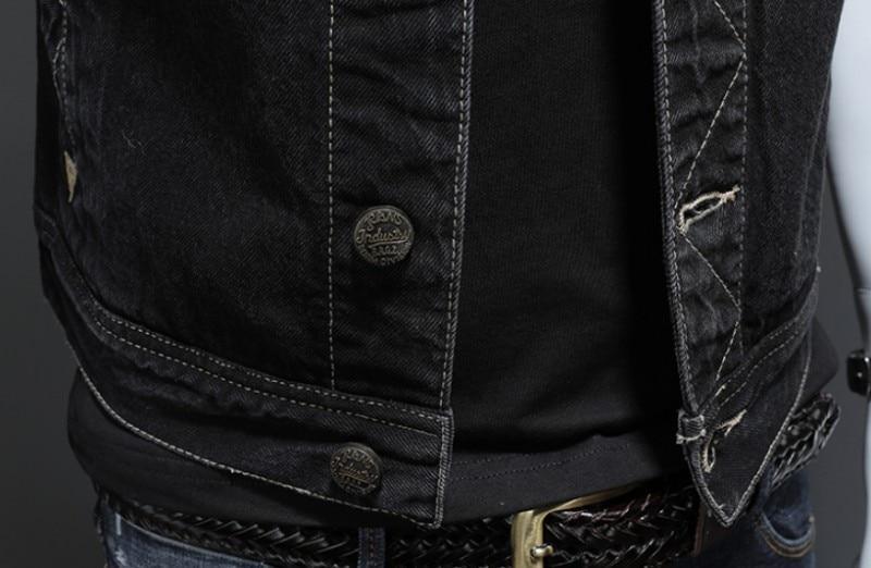 Men's vintage sleeveless denim biker vest showcasing a dark cotton material and stylish buttons, perfect for rock outfits.