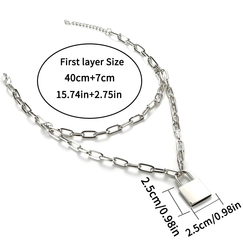 Vintage double layer chain necklace with padlock pendant in silver, 40cm+7cm length, rock style unisex accessory.