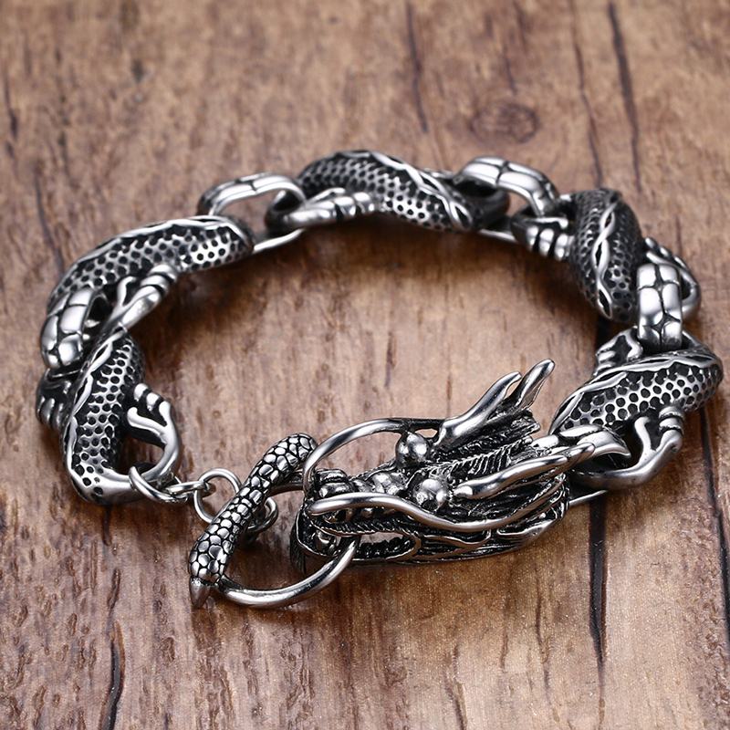 Vintage dragon bracelet in stainless steel, stylish link chain for men and women, ideal for punk fashion and cosplay.