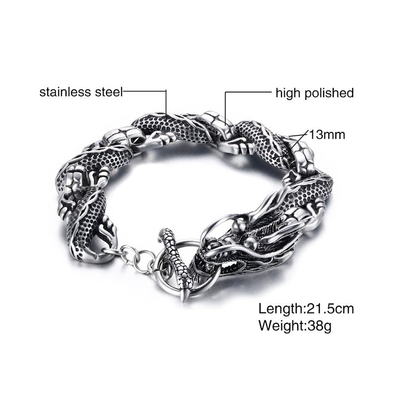 Vintage dragon bracelet made of stainless steel, featuring a stylish toggle clasp, ideal for punk fashion lovers.
