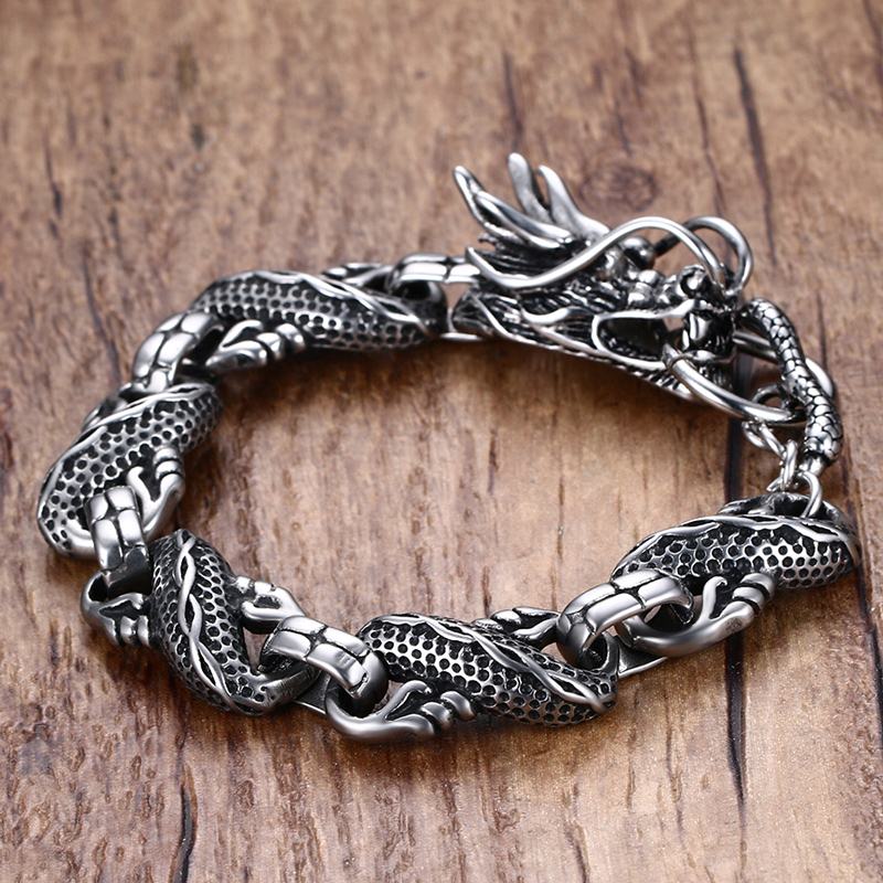 Vintage dragon bracelet in stainless steel with a stylish link chain, perfect for punk fashion enthusiasts.