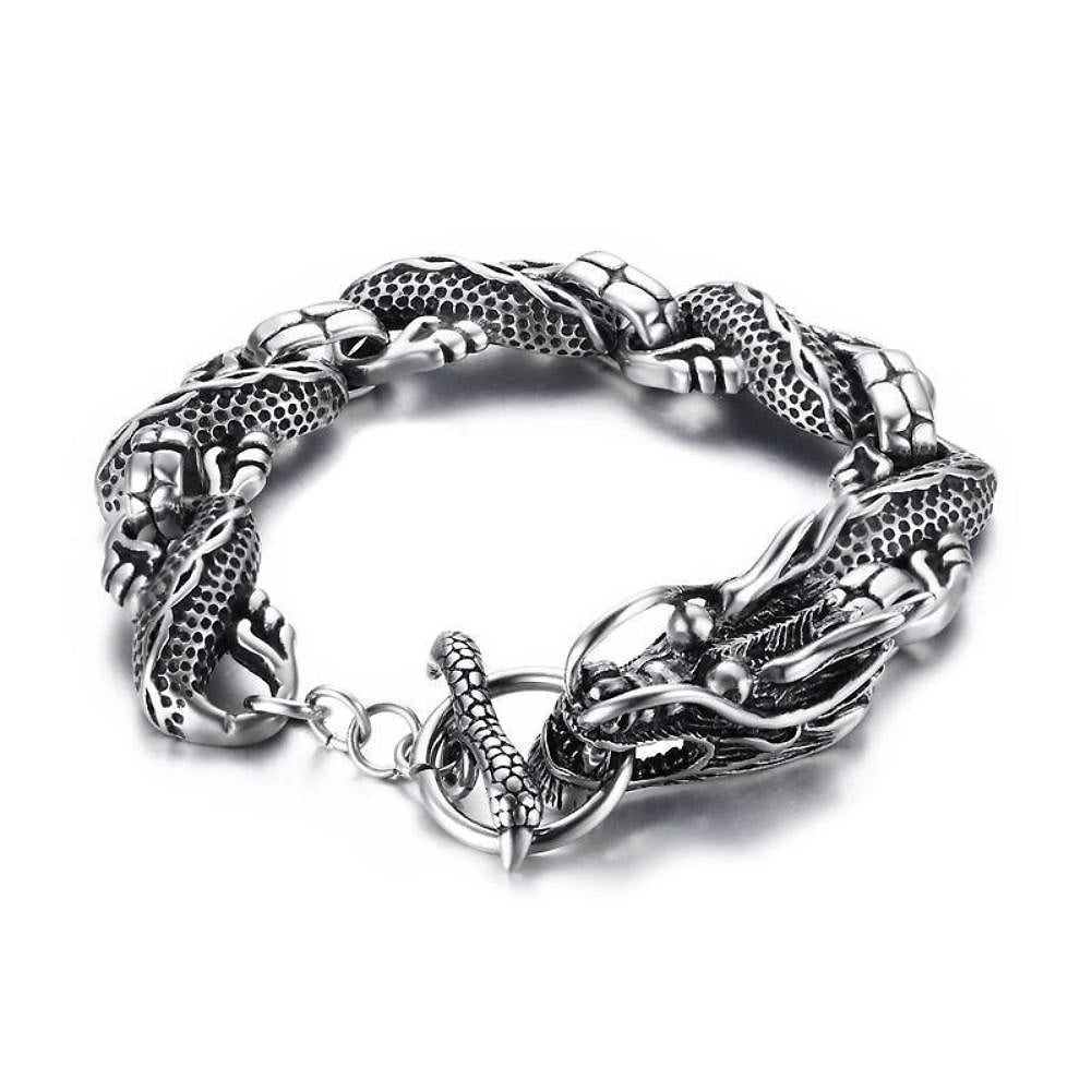 Vintage dragon bracelet in stainless steel, perfect for punk accessories and cosplay events.