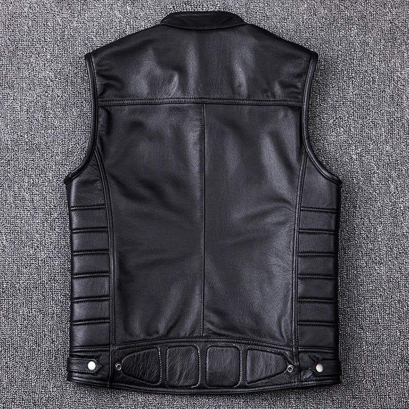Back view of a sleek black biker leather vest, showcasing its vintage rock style and practical design elements.