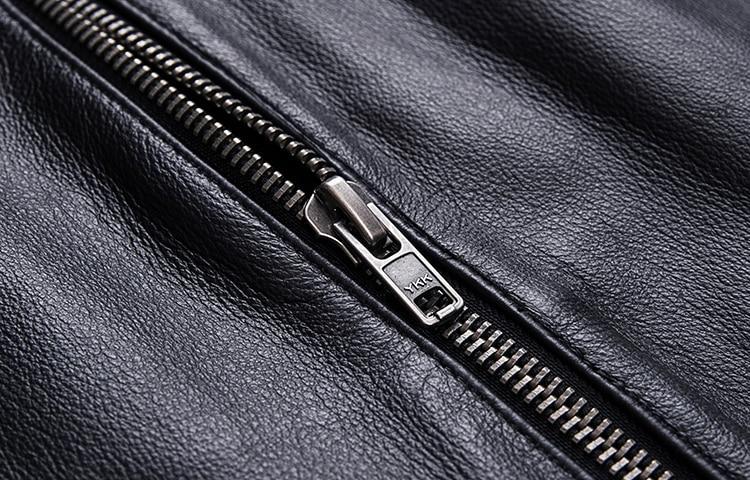 Close-up of a black leather zipper on a vintage biker vest, showcasing quality craftsmanship and rock style.