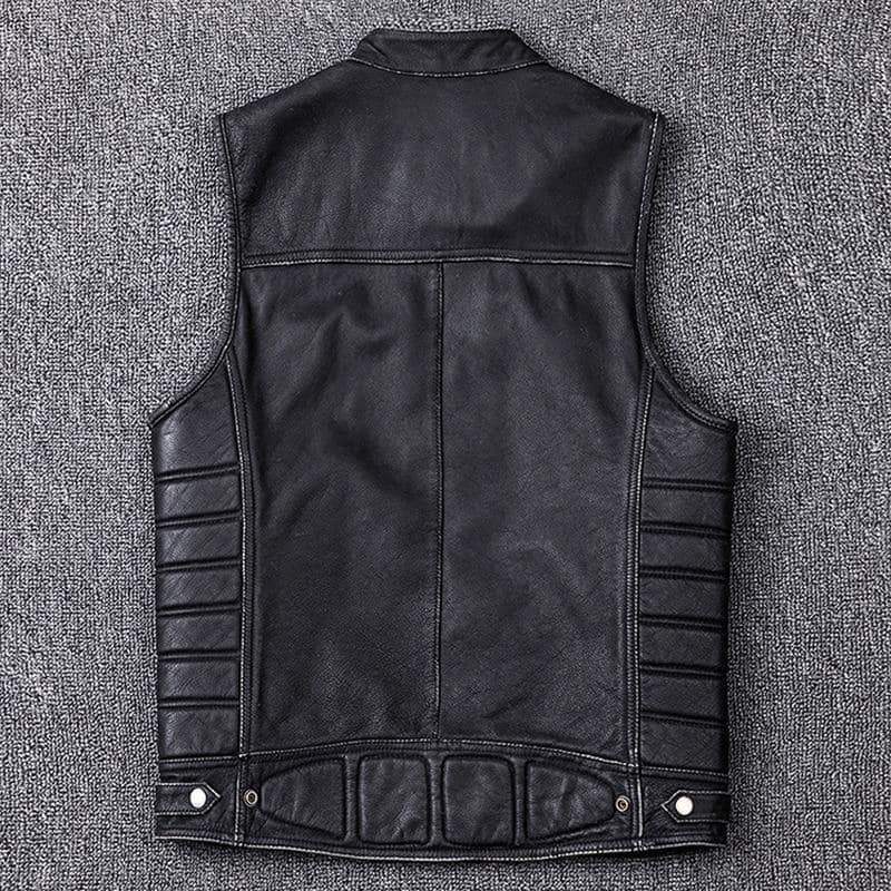 Back view of a black biker leather vest with stylish paneling and practical design for rock and motorcycle fashion.