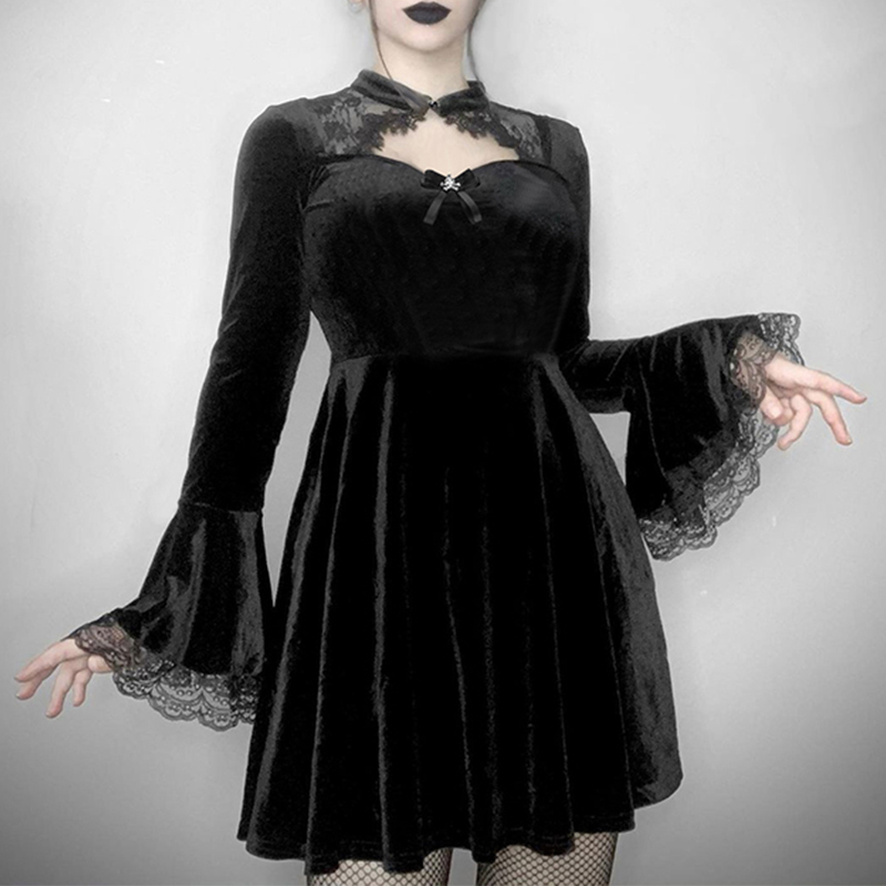 Vintage Elegant Gothic Dress For Women / High Waist Velvet Female Black Dress - HARD'N'HEAVY