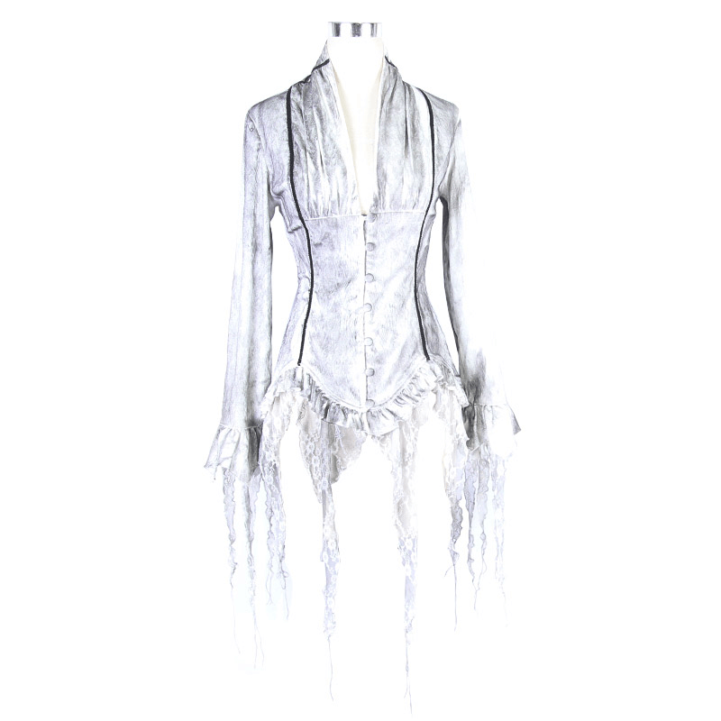 Vintage Elegant White Deep V Blouse for Women / Gothic Long Sleeve Chiffon Shirts - HARD'N'HEAVY