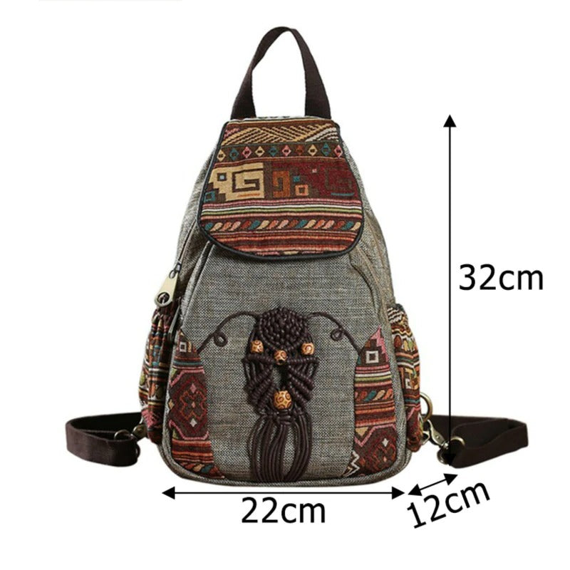 Vintage ethnic canvas backpack with embroidered flowers, dimensions 32x22x12 cm, perfect for travel and style.