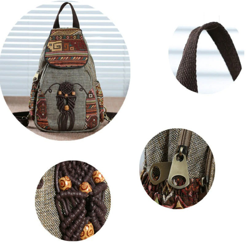 Vintage ethnic canvas backpack with colorful embroidery, secure zipper, and sturdy straps, perfect for travel.