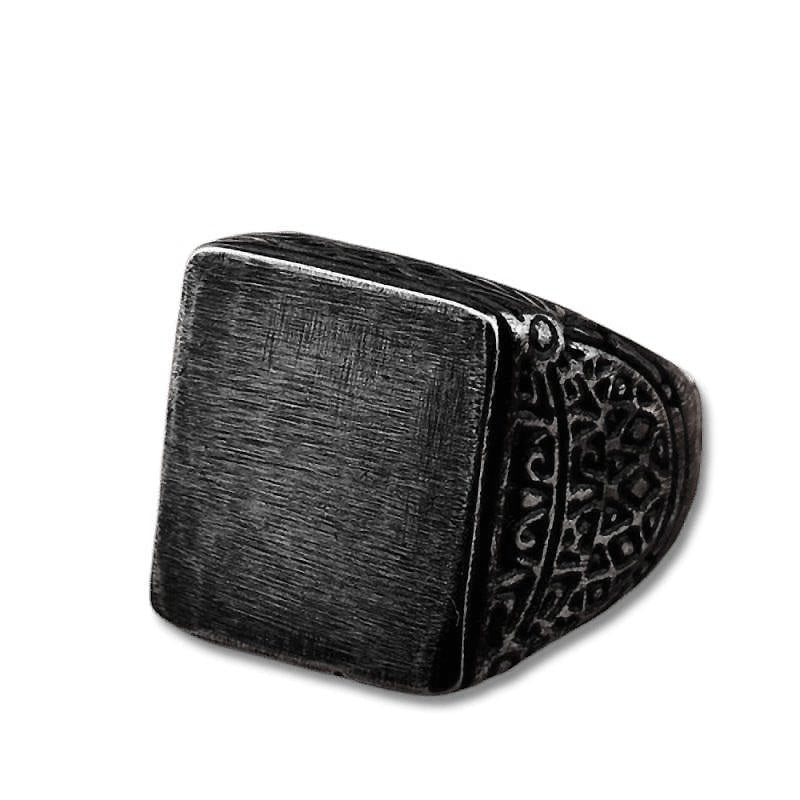 Vintage stainless steel square ring with intricate geometric design, perfect for bikers and unisex style.