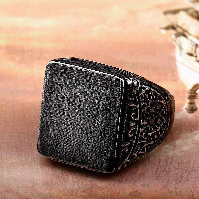 Vintage stainless steel square design biker ring with intricate detailing, perfect for unisex fashion.