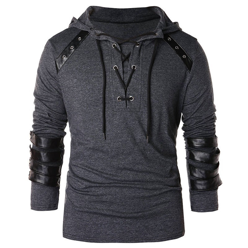 Vintage Faux Leather Patchwork Lace-Up Hoodie / Full Sleeve Drawstring Hoodies / Male Outerwear - HARD'N'HEAVY