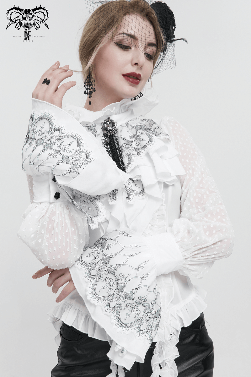 Gothic style model wearing vintage flared gloves with lace trim and snap rose buttons, showcasing a unique fashion accessory.