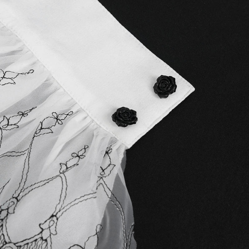 Close-up of vintage flared gloves featuring delicate lace trim and snap rose buttons on a black background.