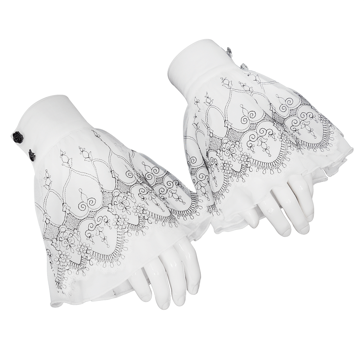 Vintage flared gothic gloves with delicate lace trim and intricate snap rose buttons, perfect for unique outfits.