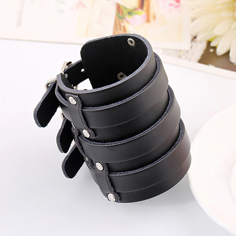 Vintage genuine leather cuff bracelet, punk style, wide design with hidden clasp for a trendy look.