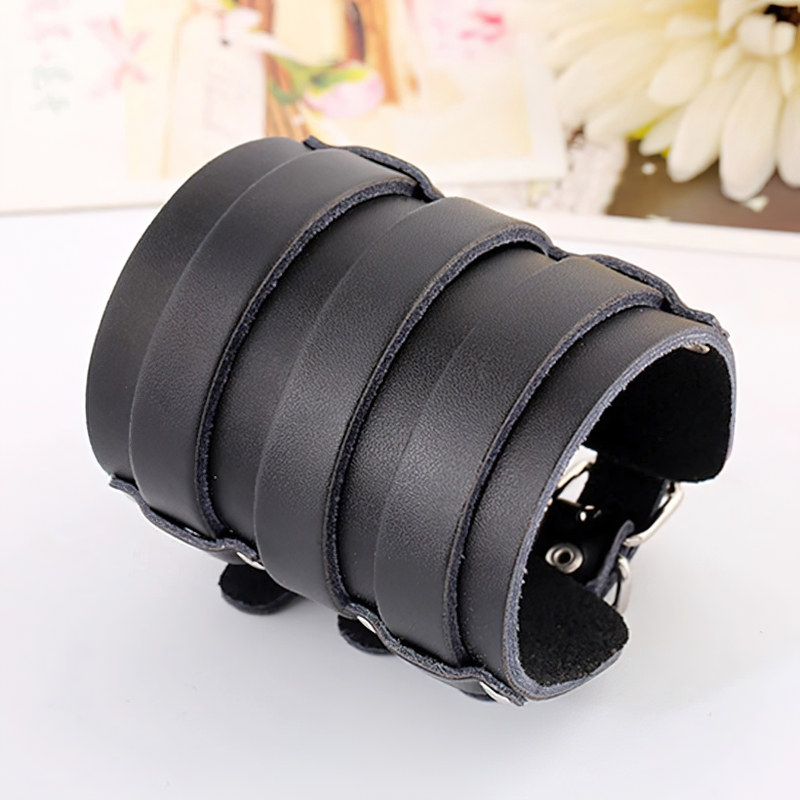 Vintage genuine leather punk style wide cuff bracelet with hidden safety clasp for a trendy look.