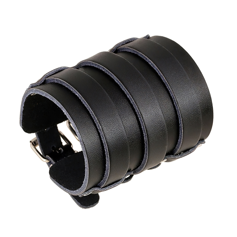 Vintage genuine leather punk cuff bracelet, stylish wide design with hidden safety clasp for comfortable wear.