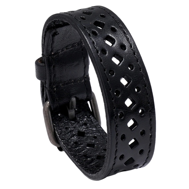 Vintage genuine leather bracelet with geometric pattern in black, adjustable bangle for men and women.
