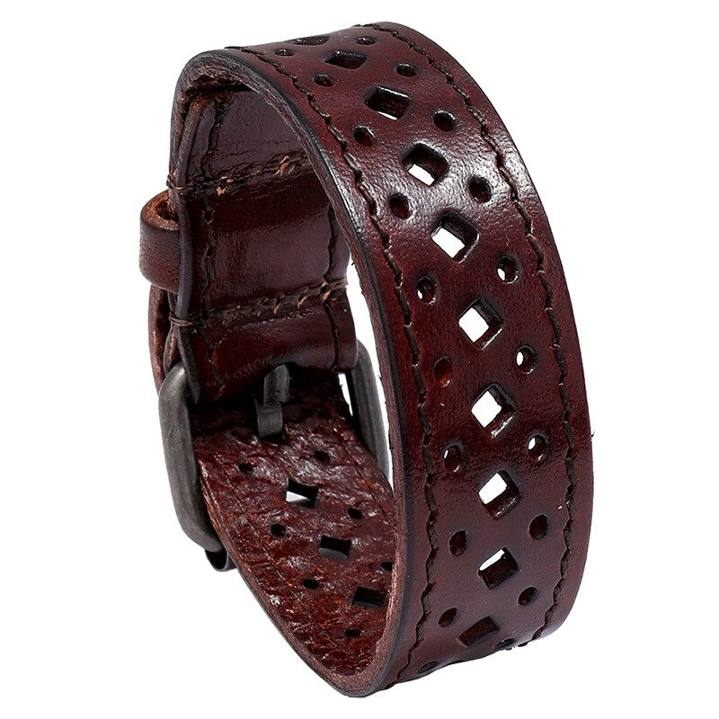 Vintage genuine leather bracelet with geometric cutouts for men and women, adjustable wide bangle in rich brown.