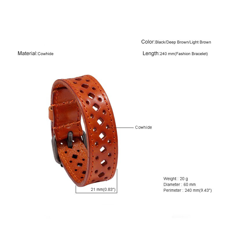 Vintage leather bracelet in geometric pattern, adjustable and available in black, deep brown, and light brown colors.
