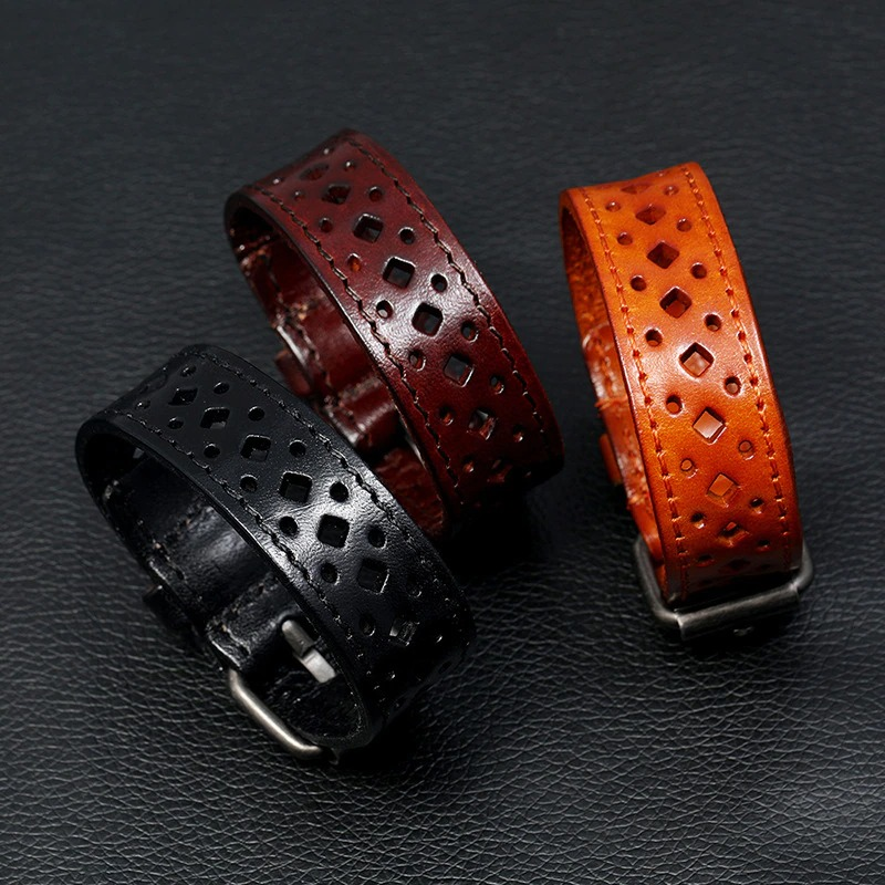 Vintage leather bracelets in black, brown, and orange with geometric patterns, perfect for men and women.
