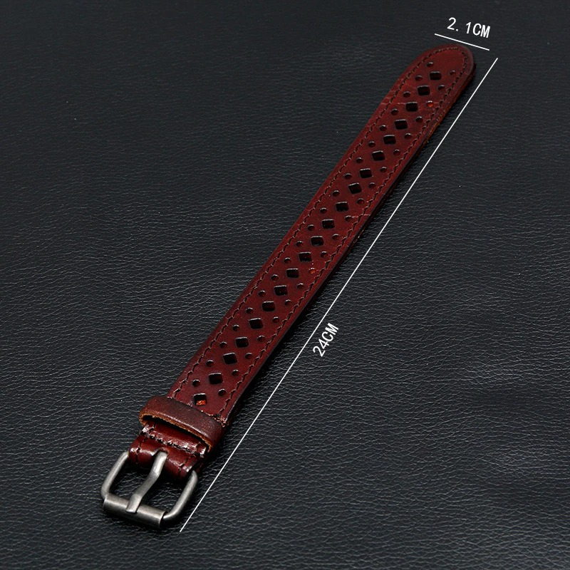 Vintage genuine leather bracelet showcasing geometric pattern, adjustable with measurements, perfect for men and women.