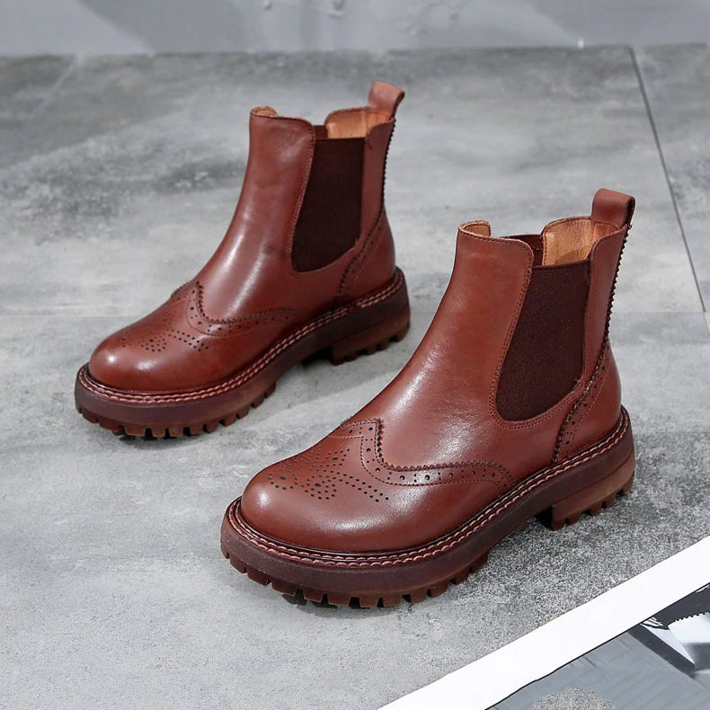 Vintage genuine leather flat ankle boots for ladies in brown, perfect for spring, autumn, and winter styling.