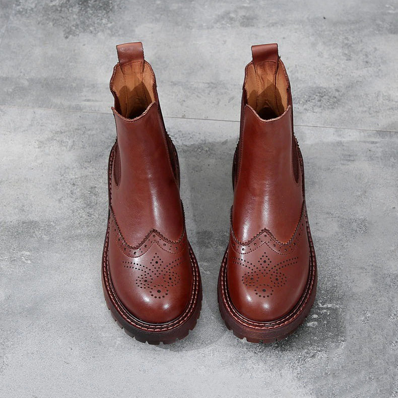 Vintage brown genuine leather ankle boots for ladies, stylish platform design for spring and autumn wear.