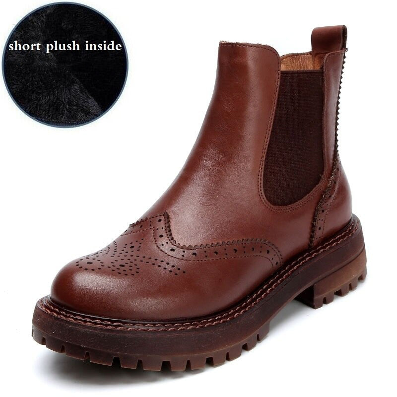 Vintage genuine leather ankle boots for ladies with plush lining and elastic closure, perfect for spring and autumn fashion.