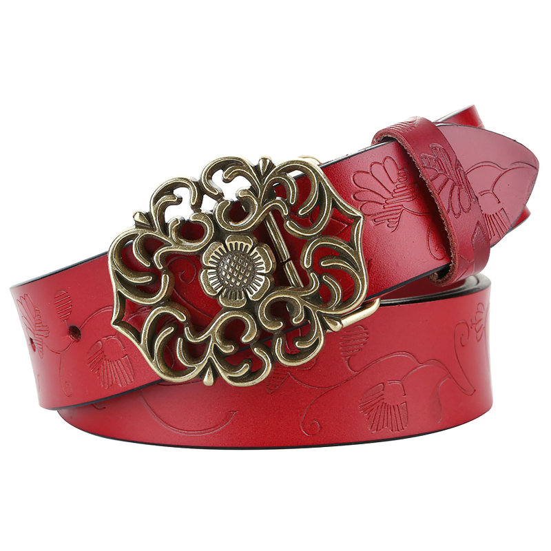 Vintage red genuine leather belt with floral alloy buckle, perfect for gothic and alternative fashion styles.