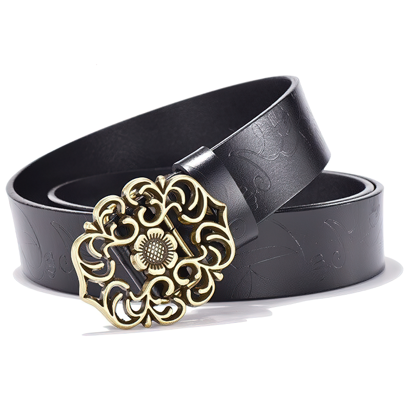 Vintage genuine leather female belt with a decorative alloy pin buckle, perfect for gothic and alternative fashion.